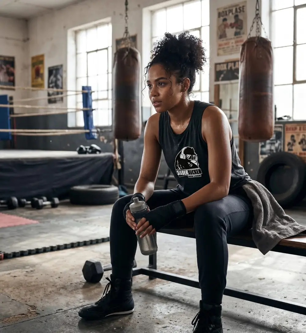 Sportlerin im Boxstudio trägt das schwarze Silberrücken-Tanktop mit Gorilla-Logo